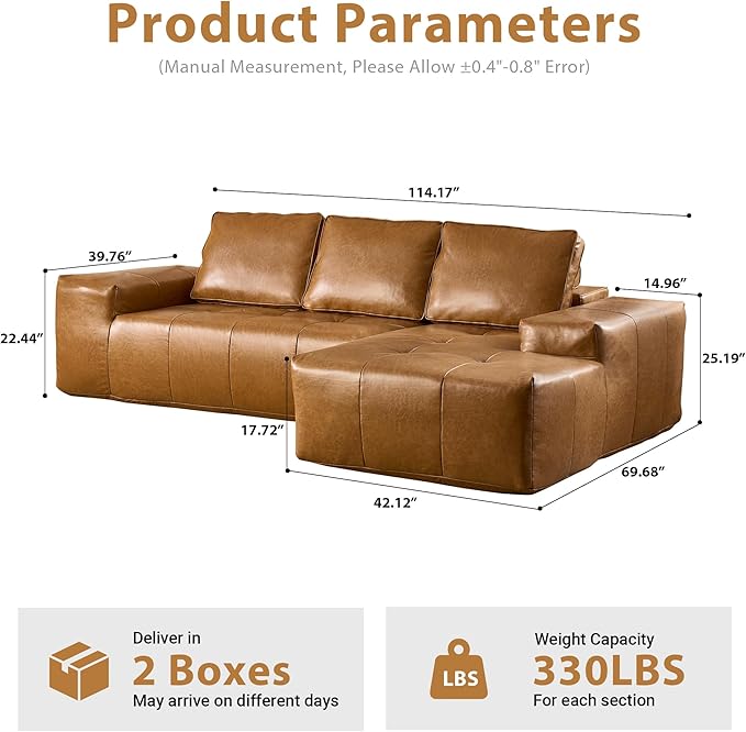 114 in Faux Leather Modern Modular Sectional Sofa - Boneless L-Shaped Couch with Chaise Sectional Couches for Living Room with Deep Seat No Assembly Required Sofa (Brown Right Chaise Sofa)