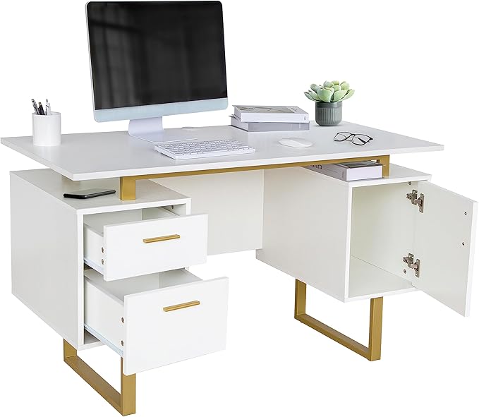 Techni Mobili Storage Drawers and Cabinet 51.25” W-Modern Office Large Floating Desktop Surface Desk 23.6 D x 51.2 W x 29.8 H White/Gold