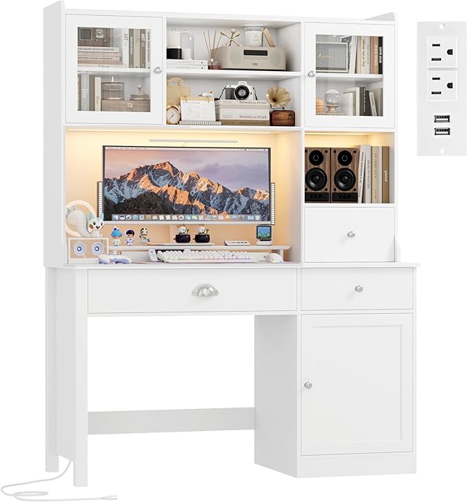 FACBOTALL Computer Desk with Hutch and RGB Lights 65 Office Desk with Power Outlet Makeup Vanity with 3 Doors &amp 3 Drawers White Executive Desks for Home Work and Study