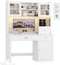 FACBOTALL Computer Desk with Hutch and RGB Lights 65 Office Desk with Power Outlet Makeup Vanity with 3 Doors &amp 3 Drawers White Executive Desks for Home Work and Study