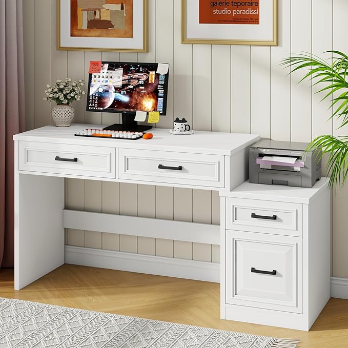 Vabches 61 Farmhouse Computer Desk with Storage and File Drawer Executive Desks with Printer Stand Rustic Large Home Writing Desk for Home Office.White