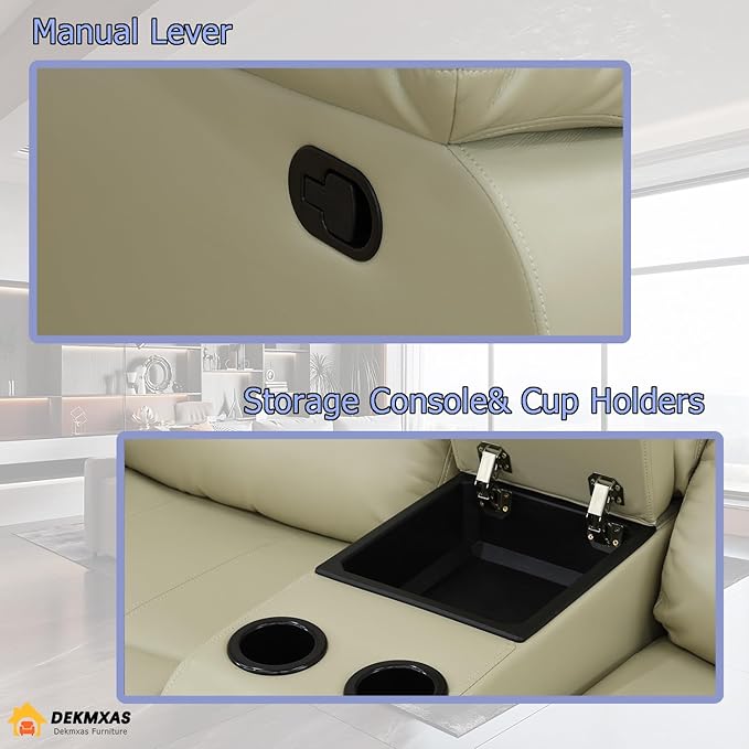 2 Seater Recliner Loveseat Manual Recliner Vegan Leather Reclining Sofa with Cup Holders &amp Middle Storage Console for Home Theater/Office/RV (Beige Loveseat)