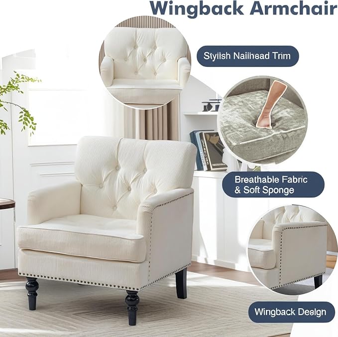 Tufted Club Chair Accent Chair Upholstered Button Armchair with Lumbar Pillow Linen Fabric Sofa Chairs for Bedroom Living Room Mid Century Modern Reading Chair with Studded Beige
