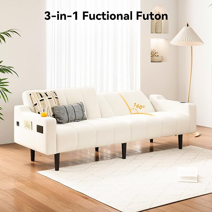 Brelice 80'' Leather Couch Futon Sofa Bed Faux Leather Couch with Adjustable Backrest 2 Cup Holders &amp Side Pockets Mid Century Modern Sofa for Living Room Bedroom Cream White