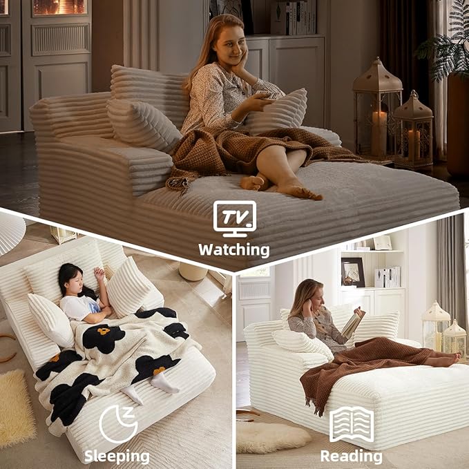 Oversized Chaise Lounge Chair Indoor Bedroom Comfy Corduroy Upholstered Sofa Bed Deep Seat Single Couch No Assembly Required Sleeper Chair Sofa for Living Room (White)