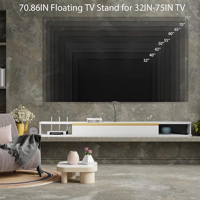 Floating TV Stand 71'' Wall Mounted Entertainment Center TV Media Console Floating Shelves with Door Floating TV Cabinet Large Storage TV Bench for Living Room (White 70.86IN)