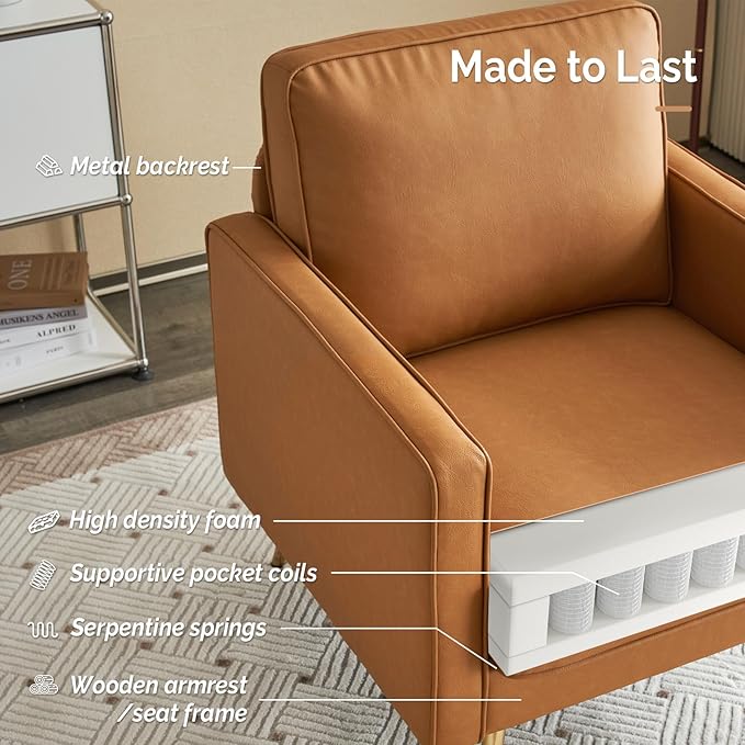 VINGLI Modern PU Leather Accent Chair for Living RoomBedroom Comfy Chair Arm Chair Reading Chair with Golden Metal Legs and Deep Seat for OfficeApartmentSmall SpaceCognac