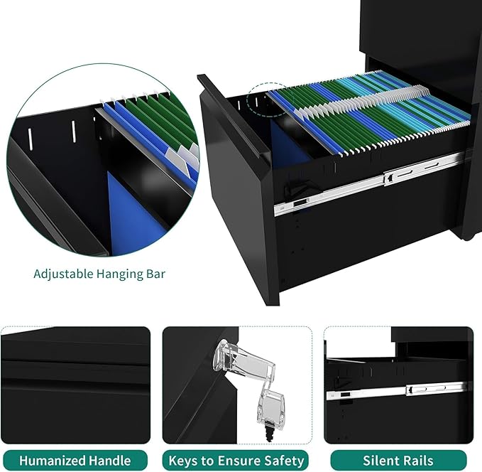 YITAHOME 3-Drawer Rolling Filing Cabinet Office Drawers Lockable Office Storage Cabinet with Hanging Bars and Pencil Tray Pre-Assembled Metal File Cabinet Under Desk (Black)