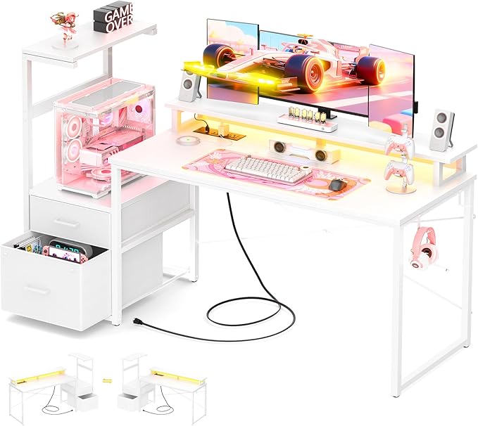 Aheaplus Gaming Desk with LED Strip &amp Power Outlet 59Inch Reversible Computer Desk with Monitor Stand &amp Storage Shelves Home Office Desks with Fabric File Drawer Gamer Table PC Desk White