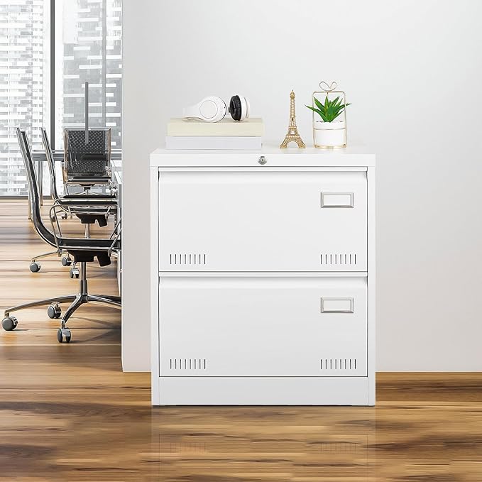 Ball &amp Cast 2 Drawer Lateral File Cabinet with Lock and Card Holder Multifunctional Metal Filing Cabinets w/Heavy 3 Section Slide Rail &amp Breathable Holesfor Legal/Letter/A4White