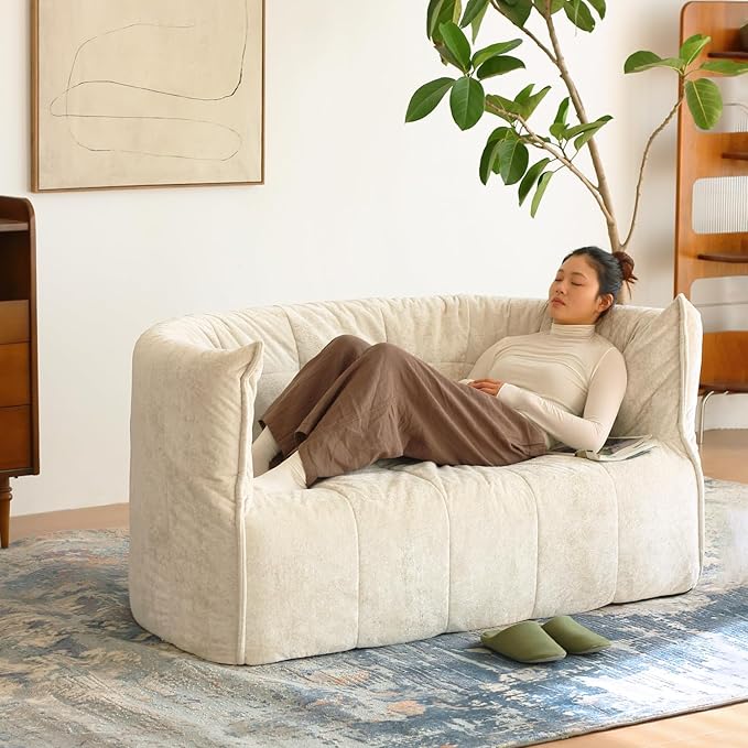 N&ampV Mid Century Brigantin Deep Relaxation Sofa Soft Premium Chenille for Living Room Bedroom and Office (Ivory ThreeSeater)