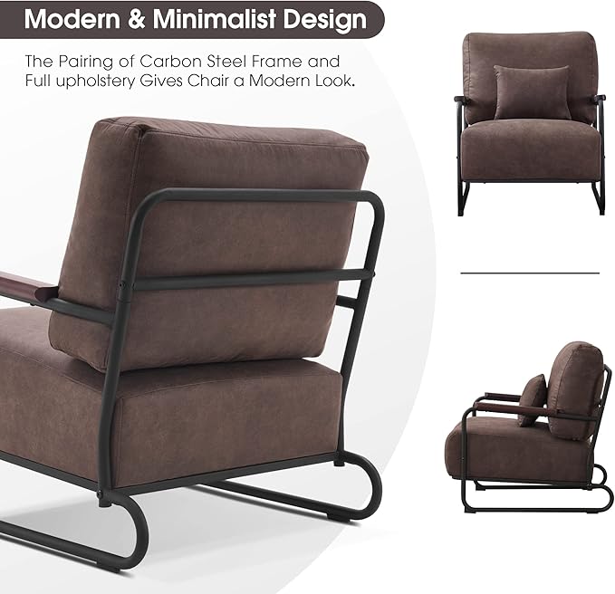 MCombo Modern Accent Chairs Upholstered Reading Chair Wooden Armrests Guest Chair for Living Room Bedroom Office HQ102 (1 Brown)