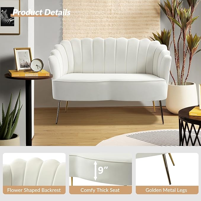 Velvet Upholstered Loveseat Sofa with Gold Metal Legs Modern Comfy Small Love Seat with Flower Shaped Back 2-Seater Sofa Accent Couch for Living Bedroom Leisure Areas