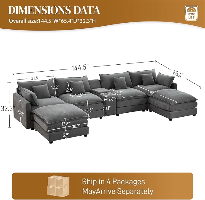 145 Cloud Couch Oversized U Shaped Grey Sectional Couches for Living Room Big Soft Comfy Fluffy Chenille Couch Sectionals Modular Sectional Sofa with Ottoman &amp Central Console