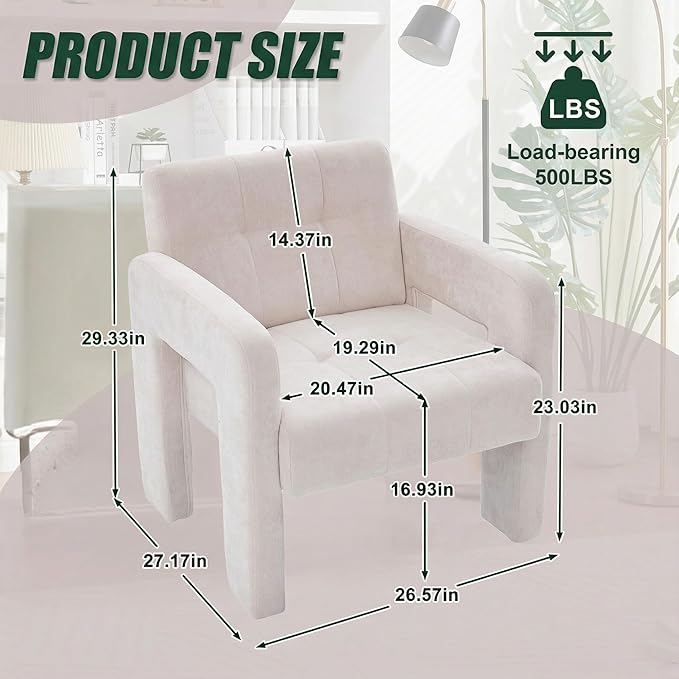 Arletta Modern Minimalist Armchair Beige Chenille Upholstered Single Chair Nordic Style Living Room Seating with Padded Arms 500 LBS Load Capacity 26.57x27.17x29.33 Inches