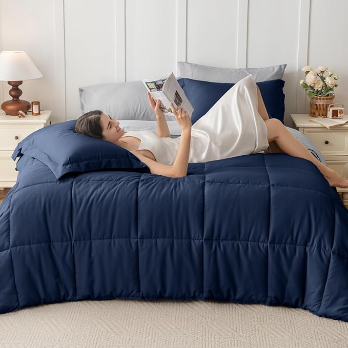 JOLLYVOGUE California King Comforter Set Ultra-Soft Cal King Size Comforter Sets 7-Piece Bed in a Bag Goose Down Alternative Oeko-TEX Certified Sheets &amp Pillowcases Navy Blue &amp Light Gre