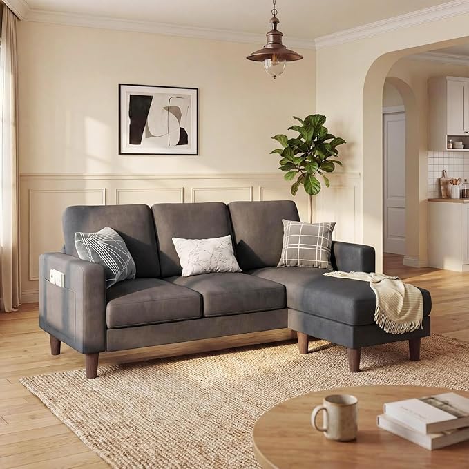 Homall 3 Seat Couch L Shape Sofa with Side Storage Pockage Sectional Couches with Reversible Ottoma Upholstered Sofa for Living Room and Small Spaces (Linen Fabric Graphite Grey)