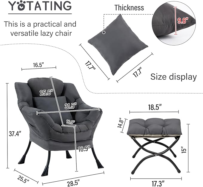 Lazy Chair with Ottoman Comfy Reading Lounge Chair with Footstool &amp Throw Pillow Modern with Armrests &amp Side Pocket for Living Room Bedroom Dorm Room Dark Grey