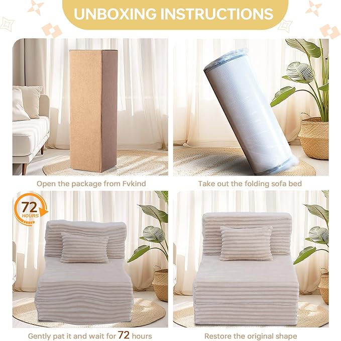 Folding Sofa Bed Single Convertible Futon Chair Bed with Pillow Folding Sofa Sleeper Chair Fold Out Couch Comfortable Foam Floor Couch for Living Room Bedroom Dorm Guest Room Beige