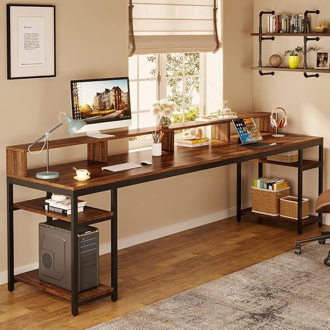 Home Double Computer Desk 78 Inch Double Desk with Open Storage Shelves Large Writing Desk Corporate Workstation for Home Office Brown