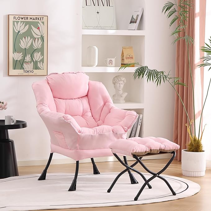 Welnow Pink Lazy Chair with Ottoman Modern Reading Accent Chair with Armrests and a Side Pocket Leisure Upholstered Lazy Sofa Set with Footrest for Small Space