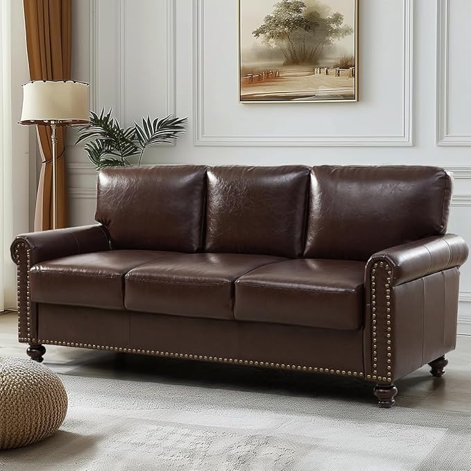 80 Faux Leather Sofa with Storage Mid-Century Modern Rolled Arm Couches for Living Room Furniture Nailhead Trim Easy Tool-Free Assembly Dark Brown