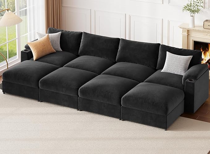 Sectional Couches for Living Room FSC Certified Velvet Modular Couch Oversized Cloud U Shaped Convertible Sleeper Sofa Chaise Detachable Armrest Cushion (Chenille Black Sleeper 8 Seat)