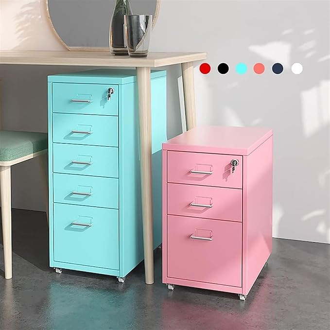 File Cabinet Metal Mobile File Cabinet with Lock and Casters Vertical Filing Cabinet 3/5 /6/8 Drawer Home Office Cabinet for /A4 File (Color : Pink Size : 3 Drawer)