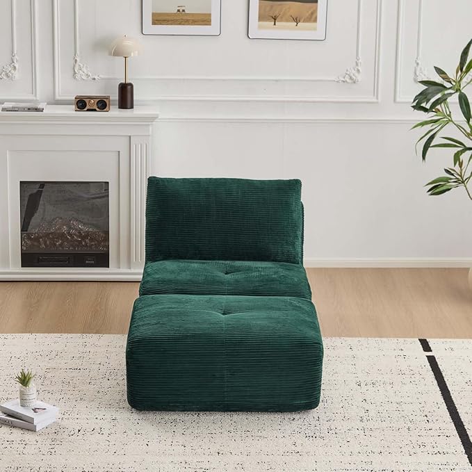 Single Chaise Longuewith Movable Ottoman Memory Foam Compressed Sofa with Pillows Soft Corduroy for Living Room (Green 1 Seat)