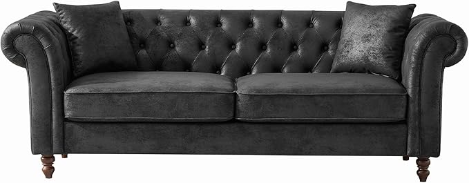 Air Leather Tufted Sofa Couch for Living Room Rolled Arm 3-Seater Sofa Couch with 2 Pillows Small Apartment Chesterfield Sofa