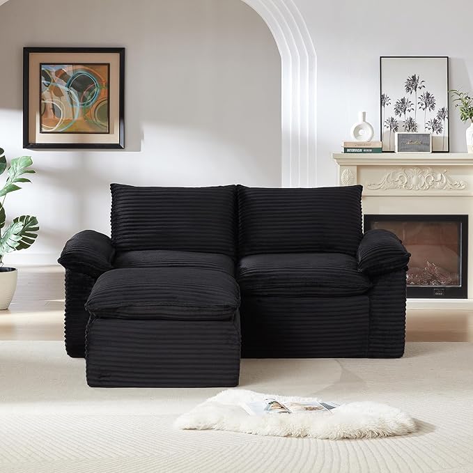 80 Cloud Sectional Couch with L-Shaped Chaise Corduroy Sectional Sofa with Ottoman Boneless Couch with Deep Seat in a Box for Living Room No Assembly Required (Black)