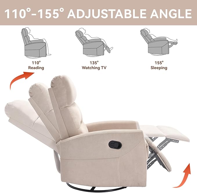 Slim Lazy Boy Recliners for for Adults Swivel Rocking Chair Recliner with High Back Small Recliner Chair for Small Spaces Manual Reclining Chair for Living Room Adjustable Footrest (Beige)