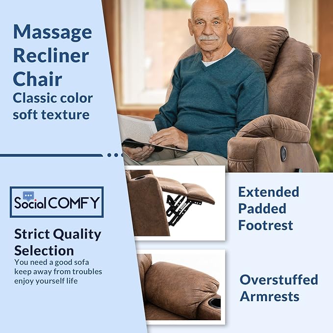 Manual Swivel Glider Rocker Recliner Chair with Heated Massage Ergonomic Lounge 360 Degree Swivel Sofa Seat with 2 Cup Holders Side Pockets &amp USB Ports for Living Room Brown