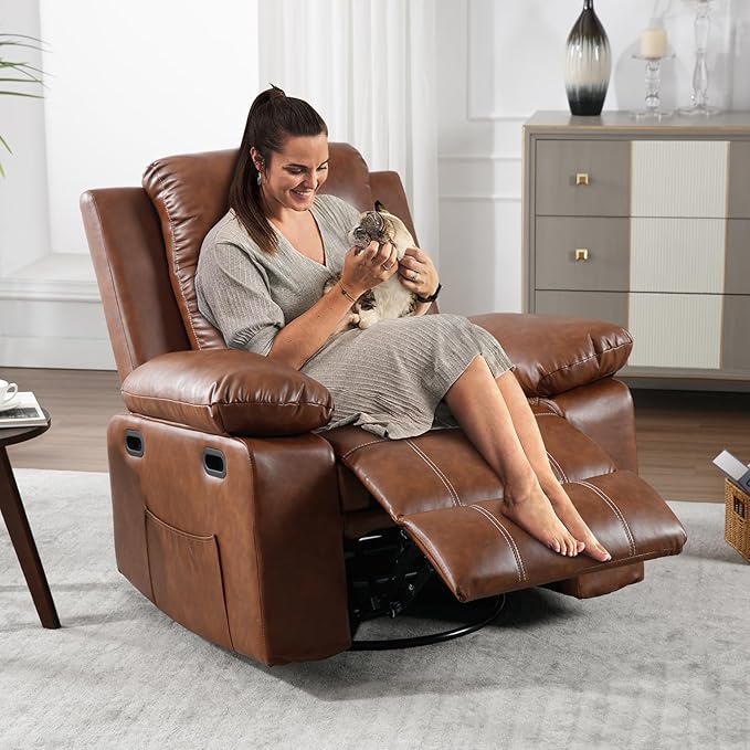 Massage Recliner Chair for Adults 360 Swivel &amp Rocker with Heat &amp Vibration Brown PU Leather Glider Reclining Chair for Home Theater Living Room Lounge Nursery