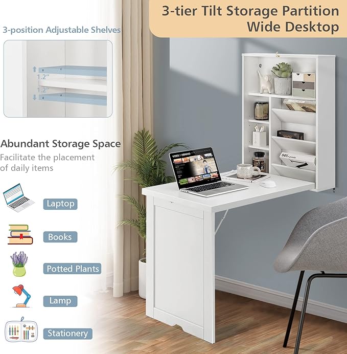 Folding Wall Mounted Desk Fold Down Table with Storage Shelves Wood Convertible Floating Table for Small Spaces Murphy Desk Wall Mount for Home Office (White)