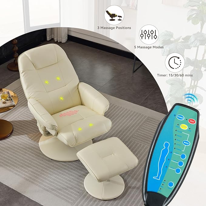 Ergonomic Recliner Chair with Ottoman for Adults 360° Swivel Massage Lounge Chair with 5-Point Vibration &amp Heated Seat140° Adjustable PU Leather Recliner for Living Room Office (Beige+PU Leather
