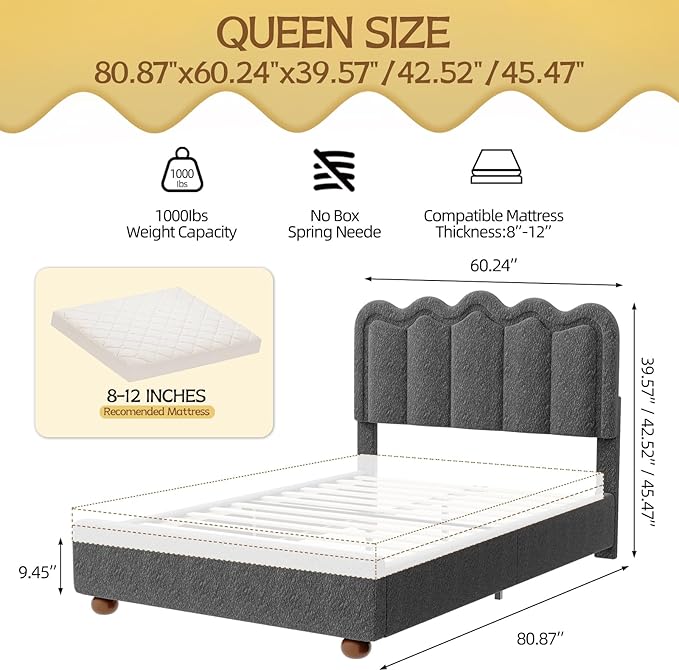 Queen Size Bed Frame with Headboard Boucle Bed Frame Soft Upholstered Platform Cloud Bedframe with Footboard Solid Wood Legs Solid Wooden Slats Support No Box Spring Required Easy Assembly