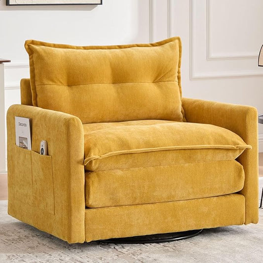 Swivel Accent Chairs for Living Room 36.2 Comfy Swivel Chair with Solid Metal Base Single Sofa with Pillows &amp Side Pockets (Mustard Yellow)