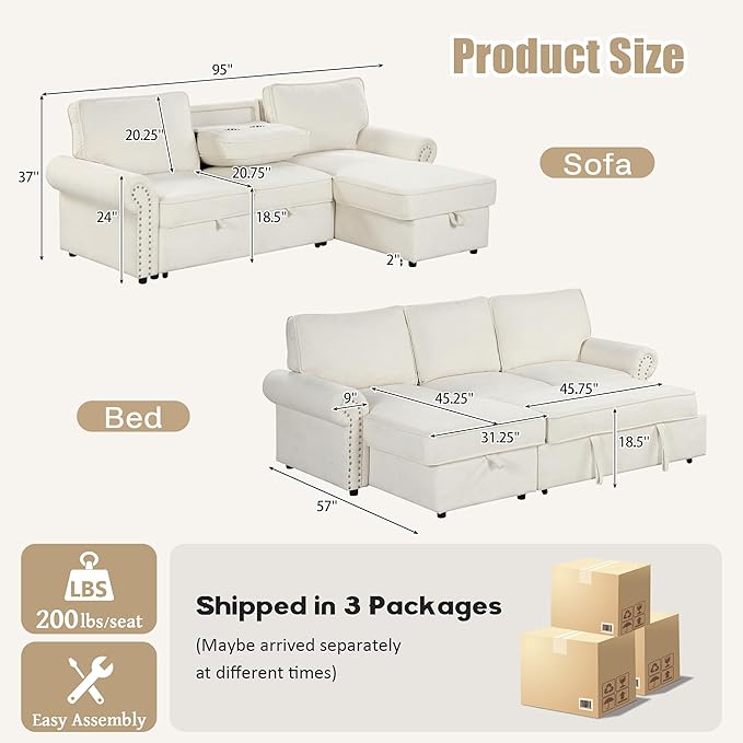 95 Convertible Sofa Bed Sectional Sofa Sleeper with Storage Chaise Pull-Down Backrest with 2 Cup Holders Arc Armrests with Nailhead Trim Polyester Fabric Acacia Wood Frame (Beige-12s)