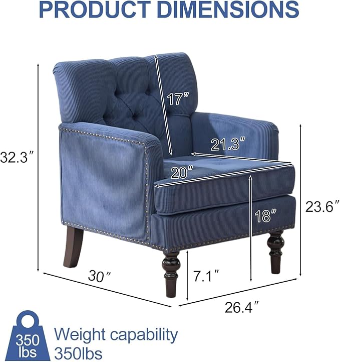 Mid Century Modern Accent Chair Upholstered Armchair for Adults with Button Linen Reading Chair with Studded and Rubber Wood Legs for Living Room Bedroom Apartment Office (Blue)