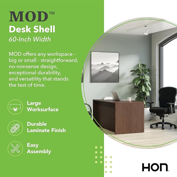 HON MOD Executive Desk 60-Inch Large Computer Desk Shell Thick Wooden Laminate Modern Table with Cord Management 60 W x 30 D x 29 H Walnut