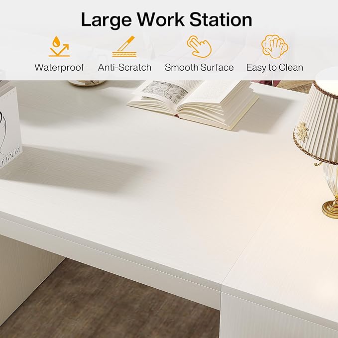 Tribesigns Modern Executive Office Desk 63-Inch Large Computer Home Office Desk with Storage Shelves Wood Study Writing Table Workstation Business Furniture White