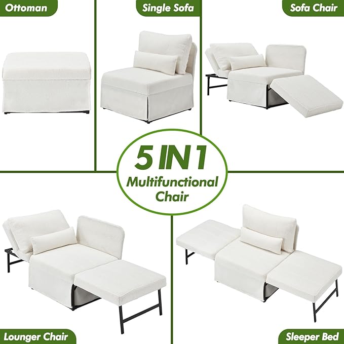Sleeper Chair Bed Upgrade 4-in-1 to 5-in-1 Convertible Multi-fuction Sofa Chair w/Adjustable Backrest Assembly-Free Linen Folding Sofa Ottoman Bed for Living Room Apartment (Wool White)