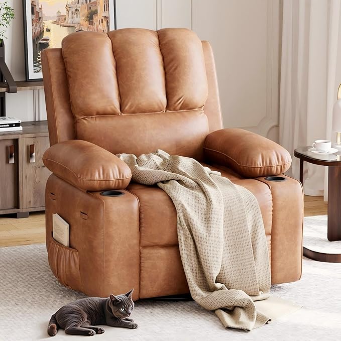 GarveeHome Oversized Recliner Chair 360° Swivel Rocker Recliners with Heat &amp Massage Soft Lazy Boy Recliner Chair with 2 Cup Holders and Side Pocket for Living Room Bedroom Nurseries -Retro Brow