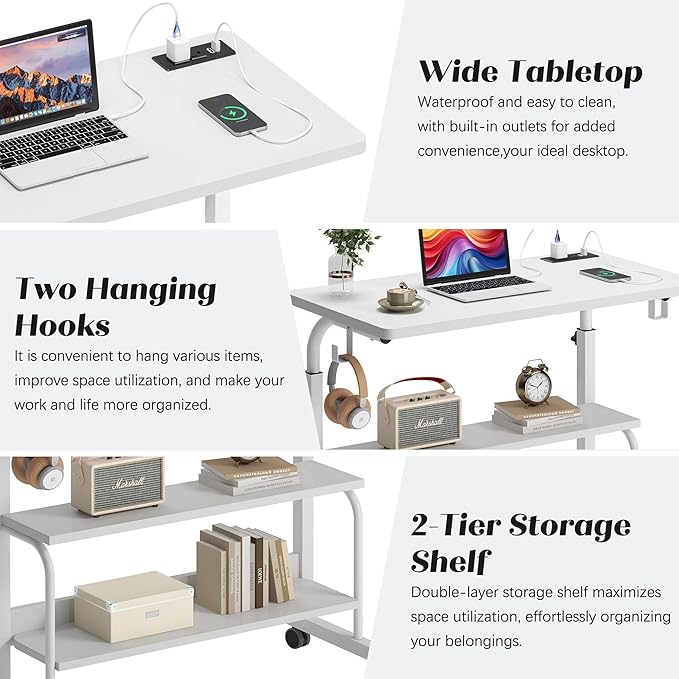 soges Height Adjustable Desk with Charging Station Mobile Computer Workstation with 2 Storage Shelves Small Rolling Desk on Wheels for Home Office White