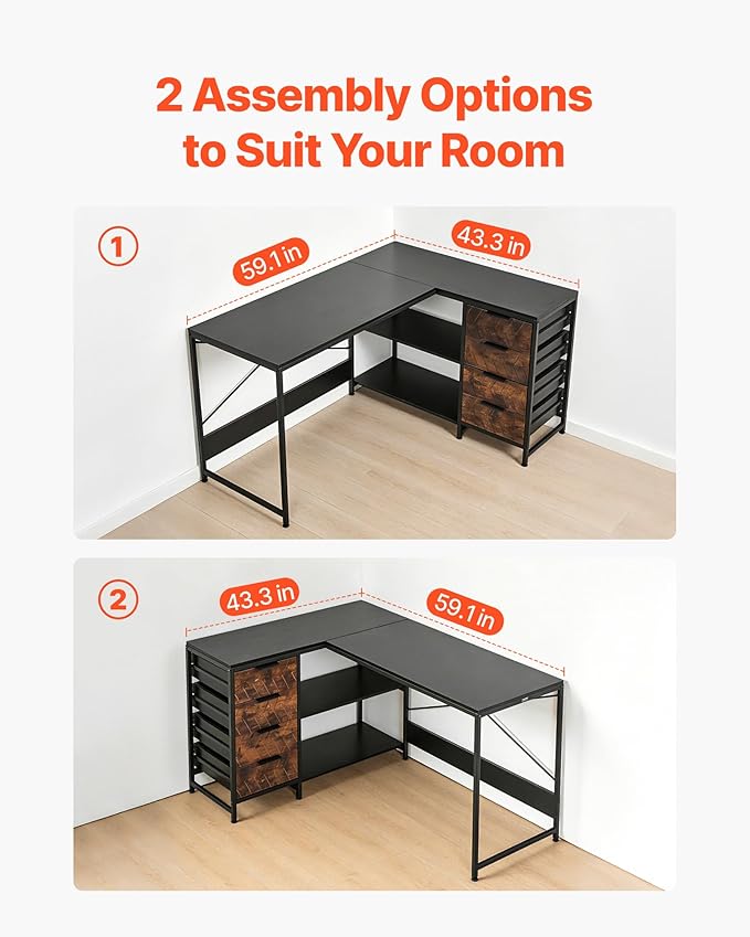 VEVOR L-Shaped Computer Desk 59-inch Reversible Corner Gaming Desk with Drawers &amp Storage Shelves Modern Stylish PC Table Sturdy Work Workstation for Home Office - Easy to Assembly