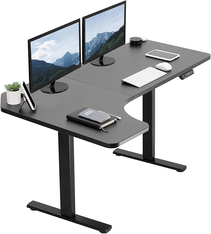 VIVO Electric Corner 58 x 35 in L-Shaped Standing Desk Memory Height Adjustment Holds 220 lbs Reversible Black Top Black Frame DESK-KIT-1BRB