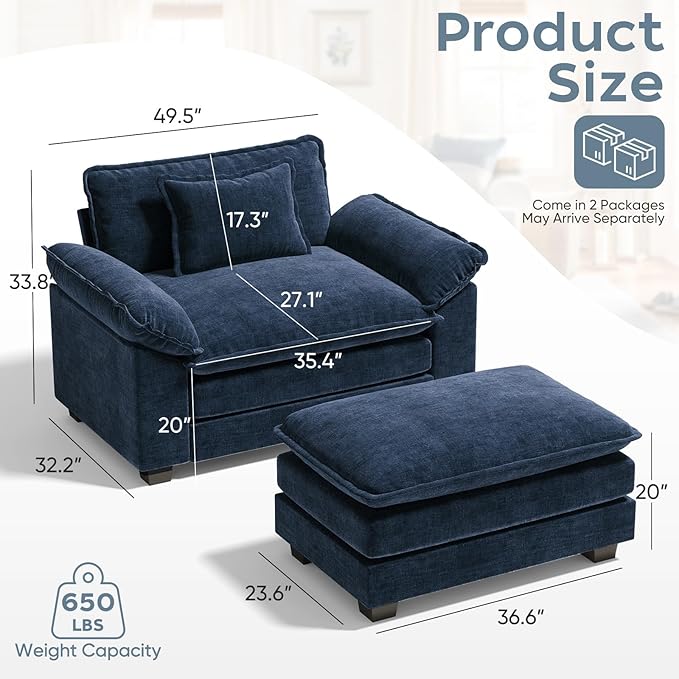 CDCASA Oversized Accent Chair with Ottoman Chenille Comfy Cloud Sofa Chair with Large Seat and Upholstered Armrests Modern Extra Wide Armchair for Bedroom Living Room Blue