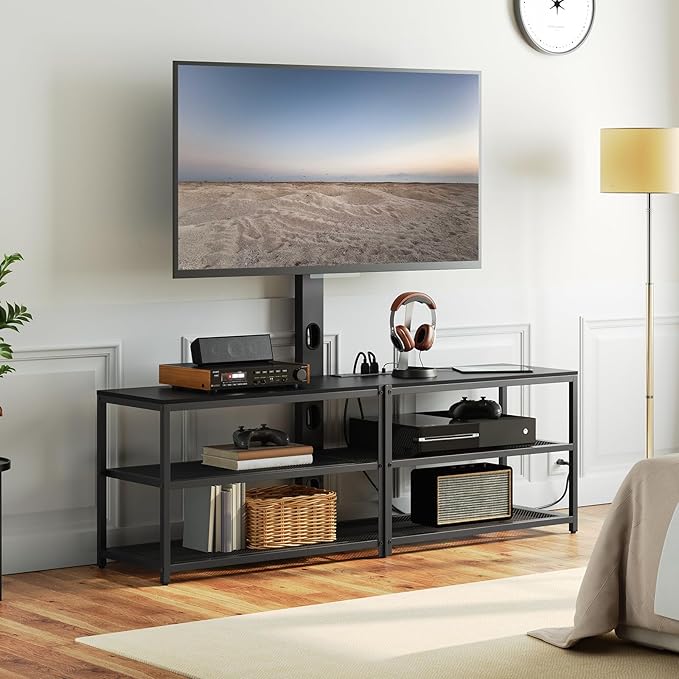 59 TV Stand with Mount and 4 Power Outlets Entertainment Center Media Console Swivel TV Stand Mount up to 75 inch TVs Height Adjustable Metal Frame for Living Room Bedroom TVBK35E01