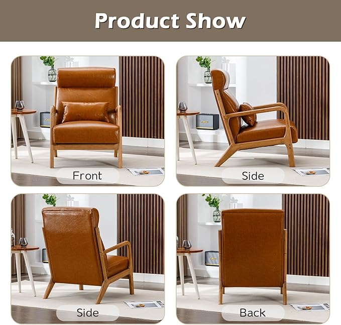INZOY Mid Century Modern Accent Chair with High Back PU Leather Reading Armchair with Waist Cushion Upholstered Wood Frame Living Room Chairs for Bedroom Sunroom Camel